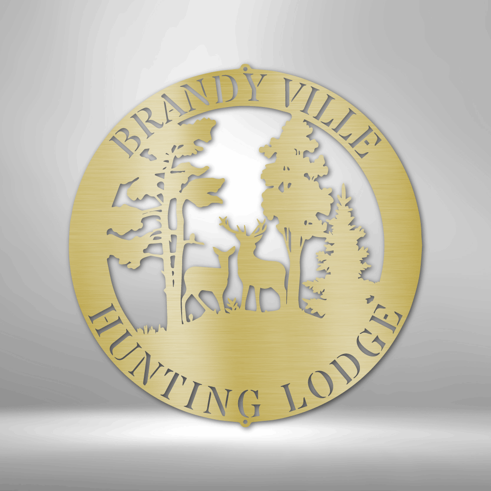 A durable steel sign featuring a personalized deer scene, perfect for a winter lodge.