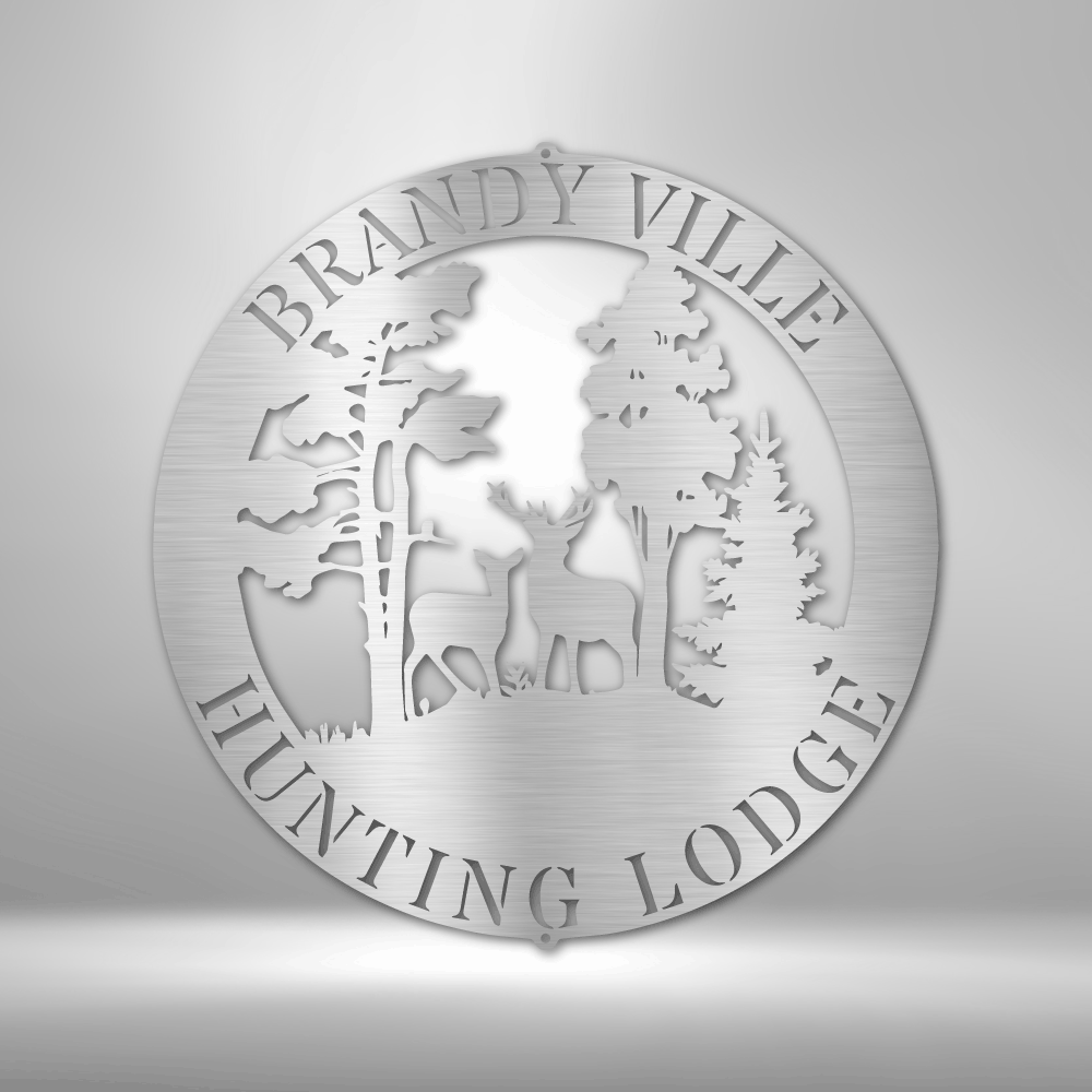 A durable steel sign featuring a personalized deer scene, perfect for a winter lodge.