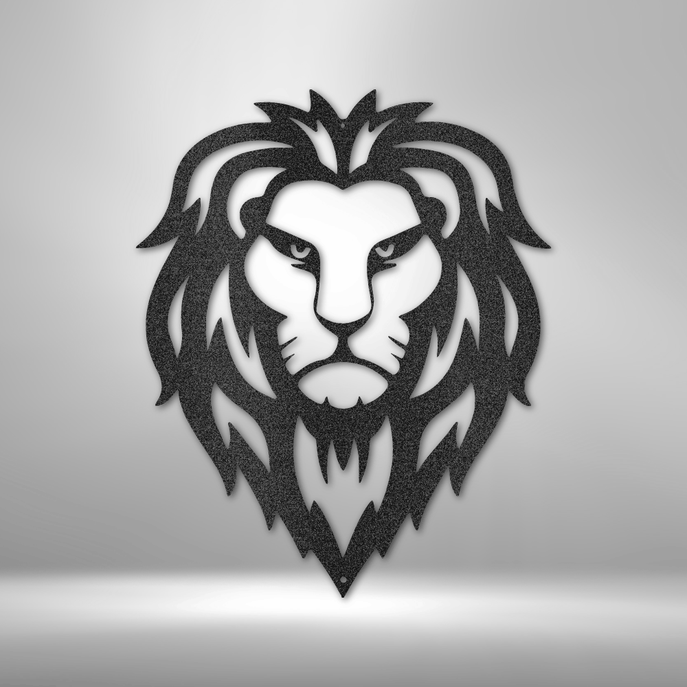 A personalized Lion Head - Steel Sign on a brick wall, serving as metal wall art decor.