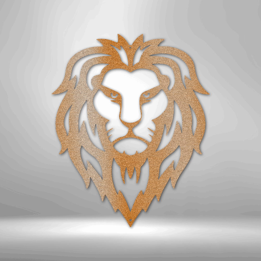 A personalized Lion Head - Steel Sign on a brick wall, serving as metal wall art decor.