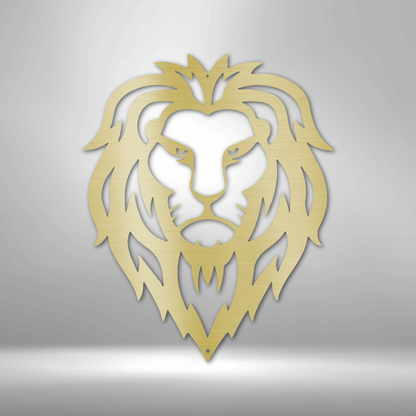 A personalized Lion Head - Steel Sign on a brick wall, serving as metal wall art decor.