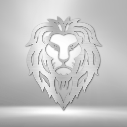 A personalized Lion Head - Steel Sign on a brick wall, serving as metal wall art decor.