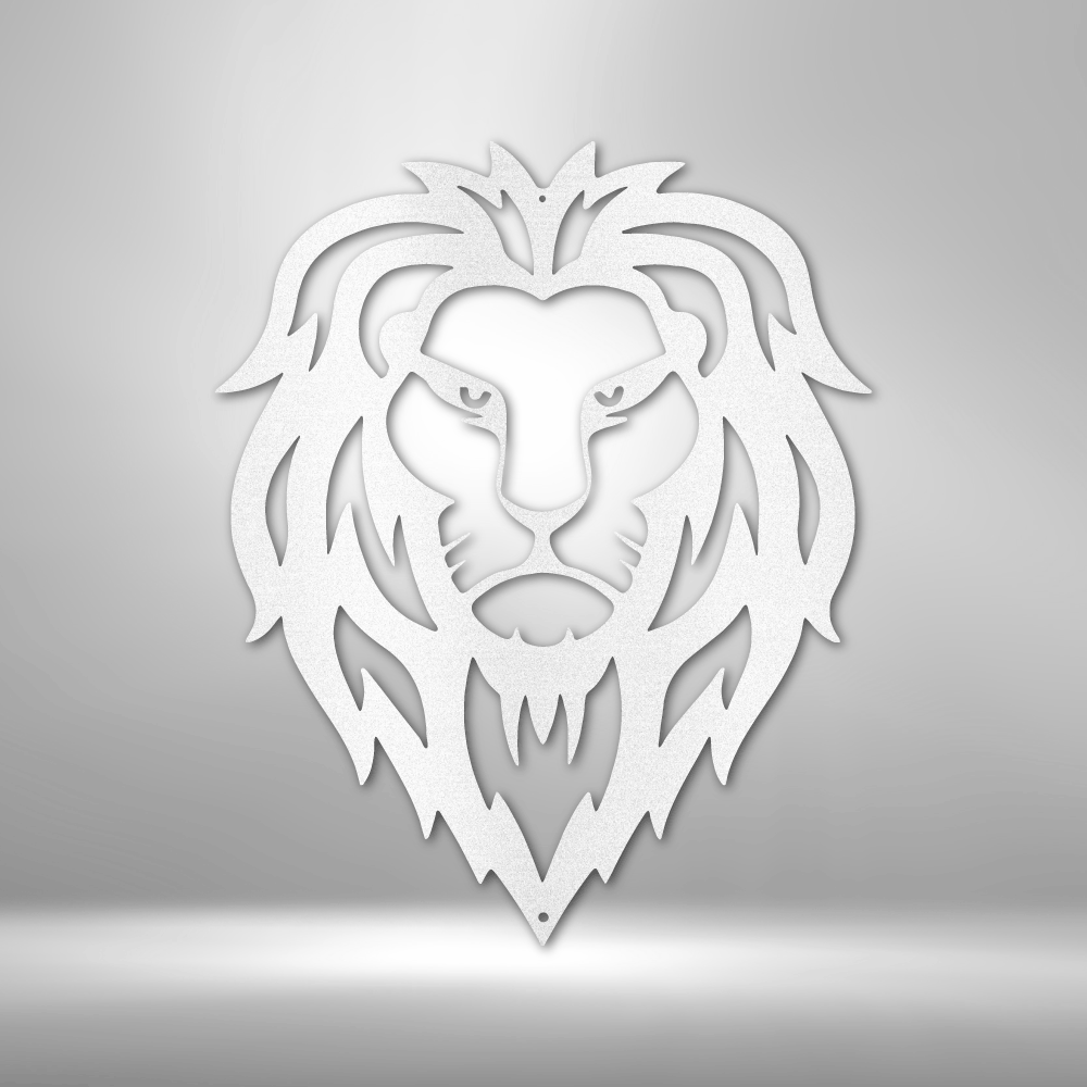 A personalized Lion Head - Steel Sign on a brick wall, serving as metal wall art decor.