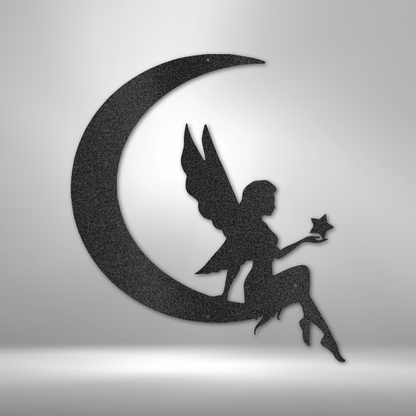 A personalized Fairy Moon - Steel Sign with custom handmade designs, sitting on a crescent on a brick wall.