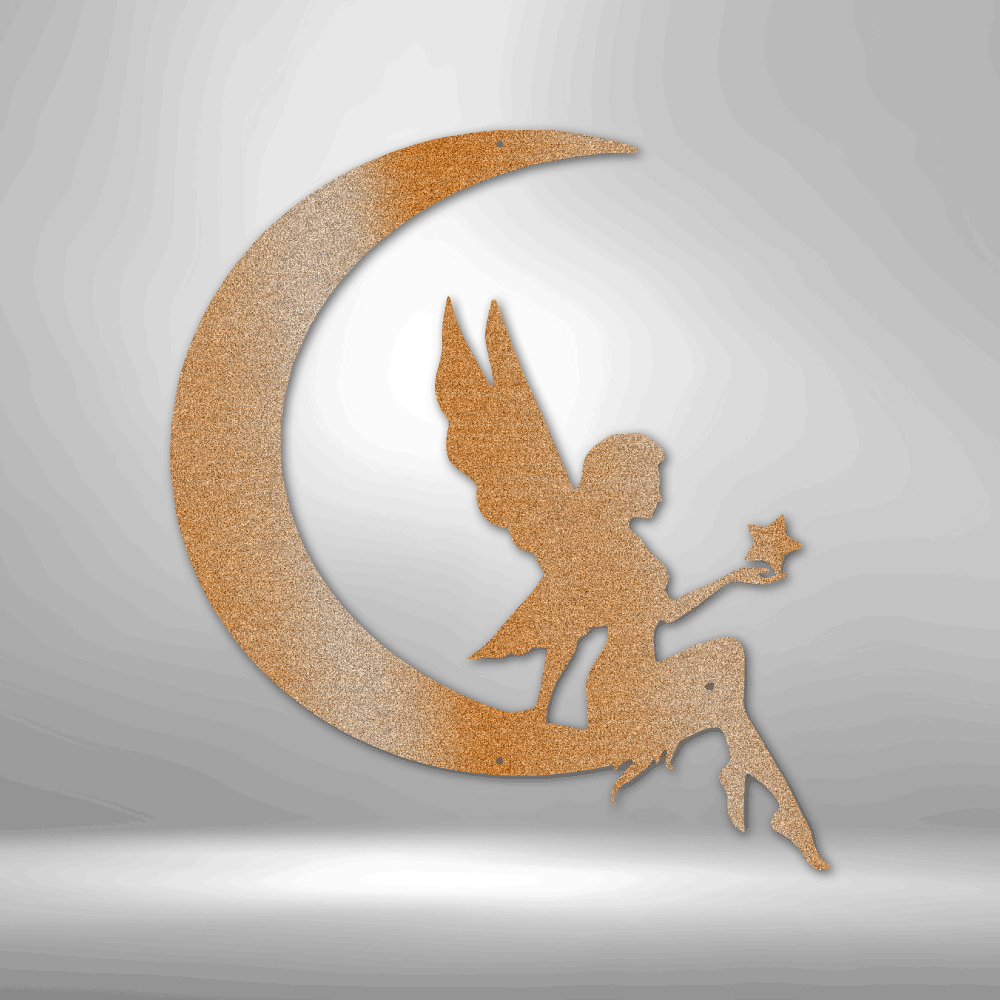 A personalized Fairy Moon - Steel Sign with custom handmade designs, sitting on a crescent on a brick wall.