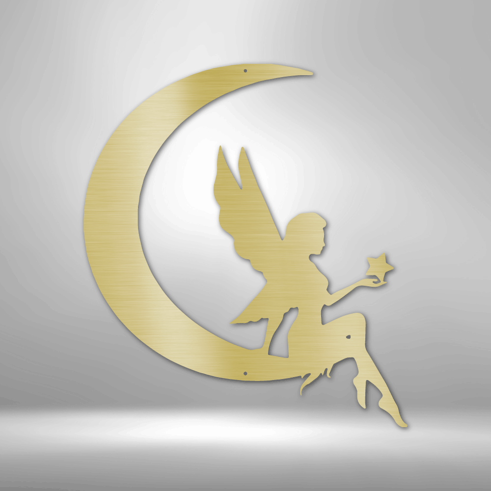 A personalized Fairy Moon - Steel Sign with custom handmade designs, sitting on a crescent on a brick wall.