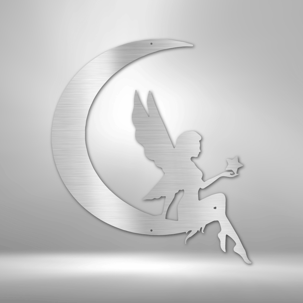 A personalized Fairy Moon - Steel Sign with custom handmade designs, sitting on a crescent on a brick wall.