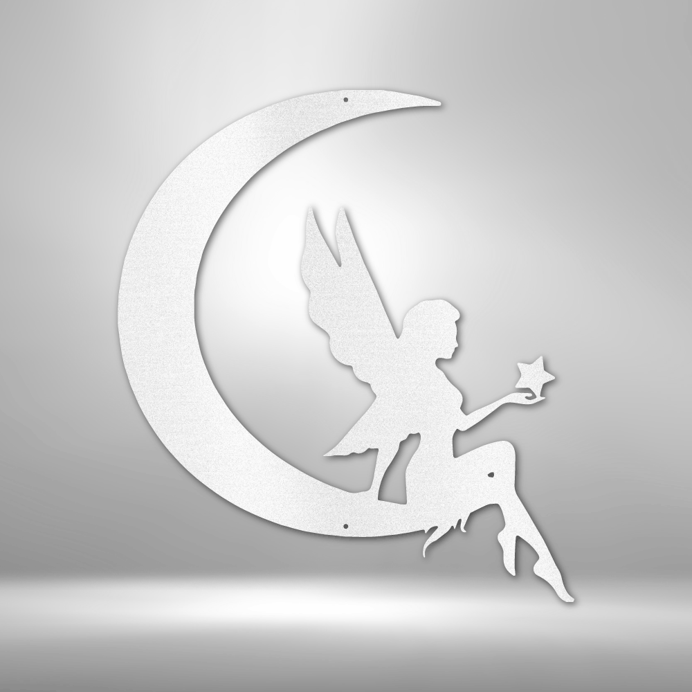 A personalized Fairy Moon - Steel Sign with custom handmade designs, sitting on a crescent on a brick wall.