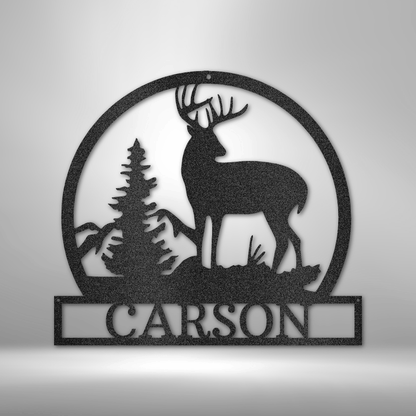 A personalized, metal family wall art - outdoor buck monogram.