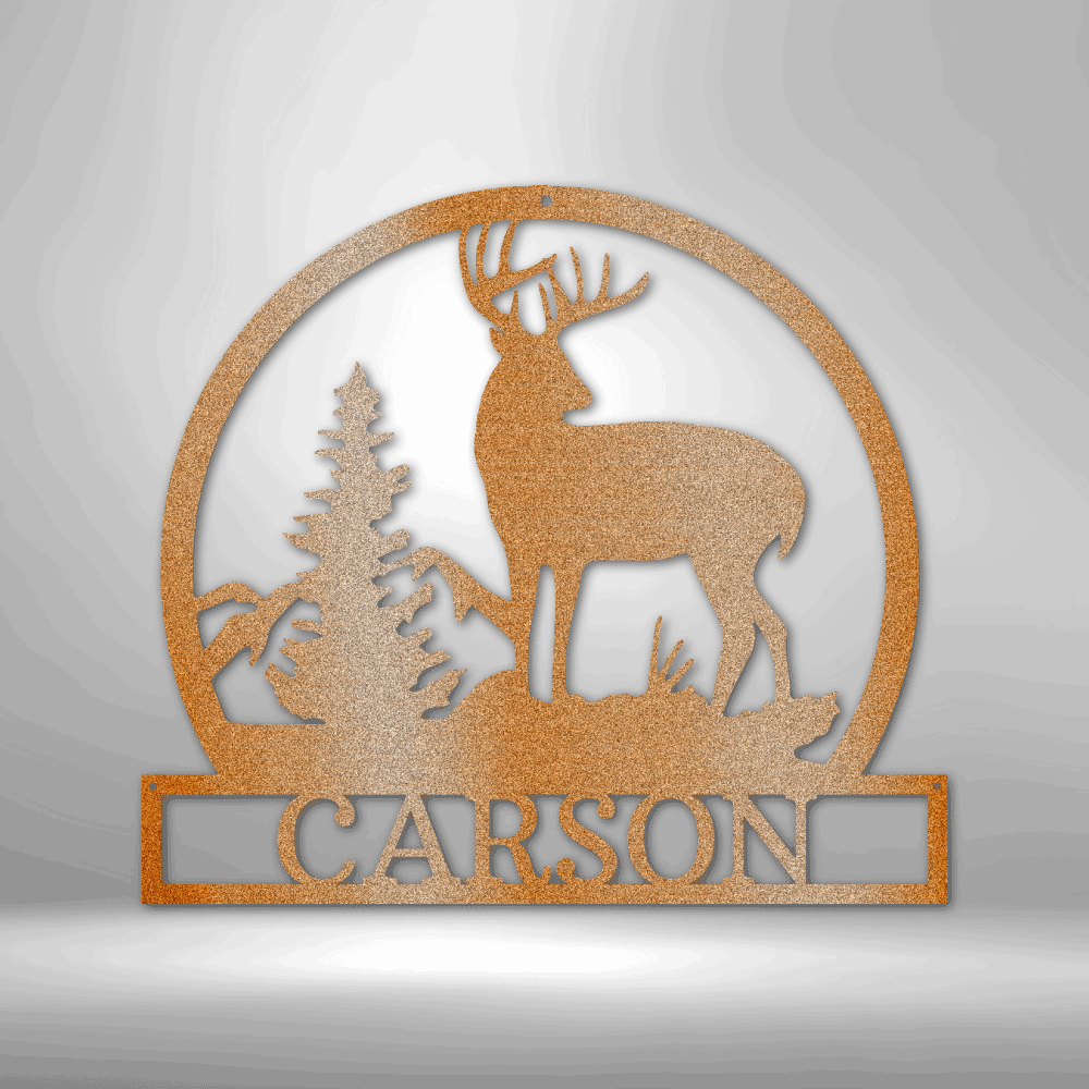 A personalized, metal family wall art - outdoor buck monogram.