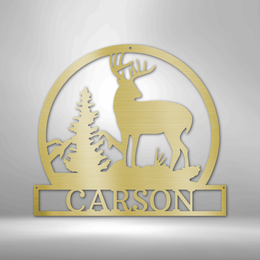 A personalized, metal family wall art - outdoor buck monogram.