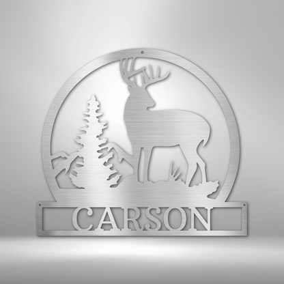 A personalized, metal family wall art - outdoor buck monogram.