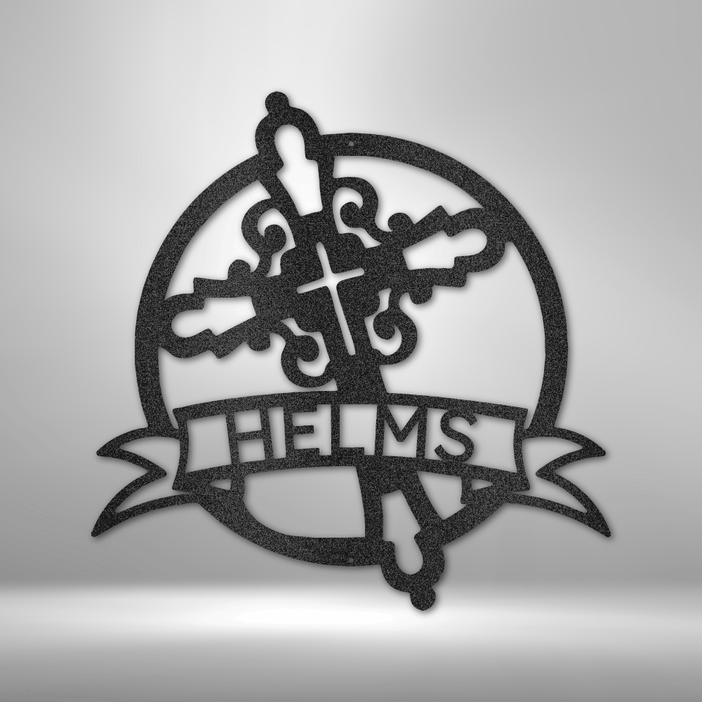 A durable metal sign featuring a custom handmade design of the Catholic Monogram.