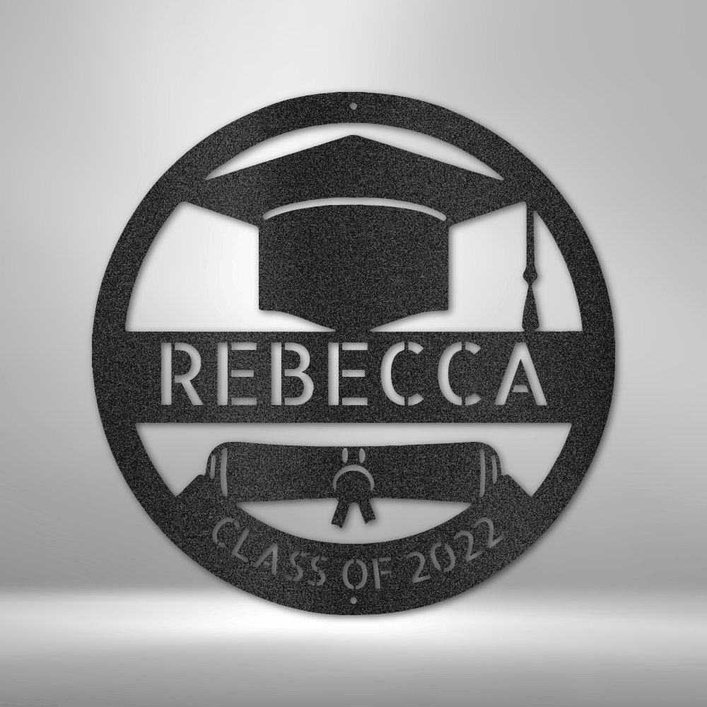 A durable outdoor metal sign with a custom handmade design of a grad cap monogram with the word Rebecca on it.