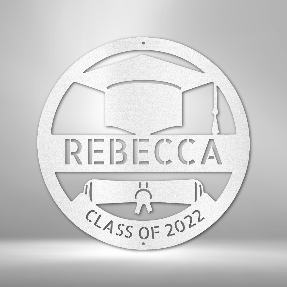 A durable outdoor metal sign with a custom handmade design of a grad cap monogram with the word Rebecca on it.