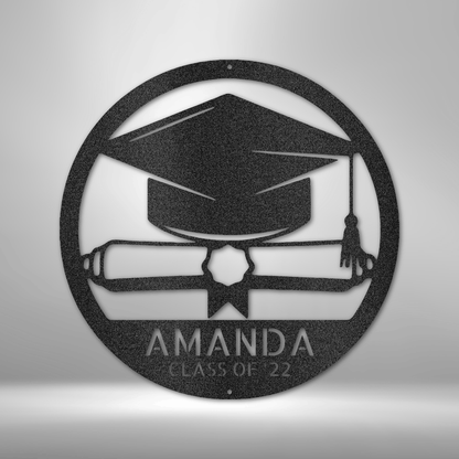 A Unique Metal Art Diploma Monogram Sign personalized with the name Amanda class of 25 for durable outdoor display.