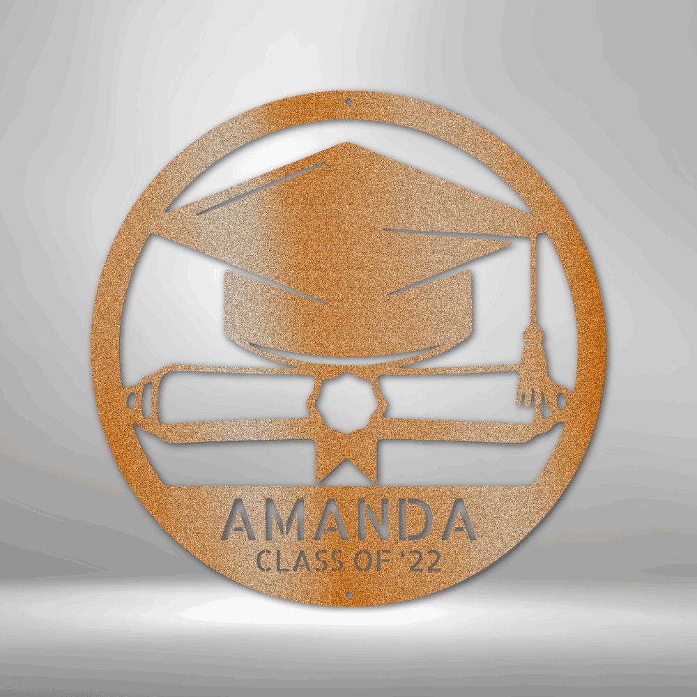 A Unique Metal Art Diploma Monogram Sign personalized with the name Amanda class of 25 for durable outdoor display.