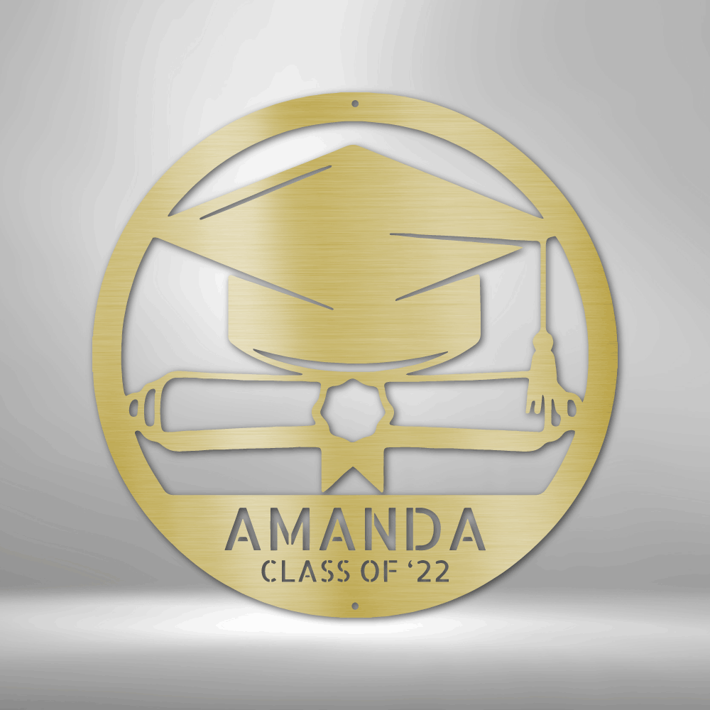 A Unique Metal Art Diploma Monogram Sign personalized with the name Amanda class of 25 for durable outdoor display.