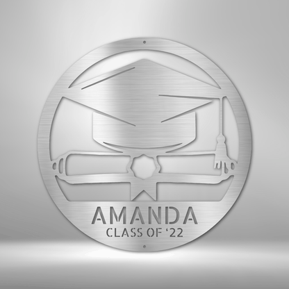 A Unique Metal Art Diploma Monogram Sign personalized with the name Amanda class of 25 for durable outdoor display.