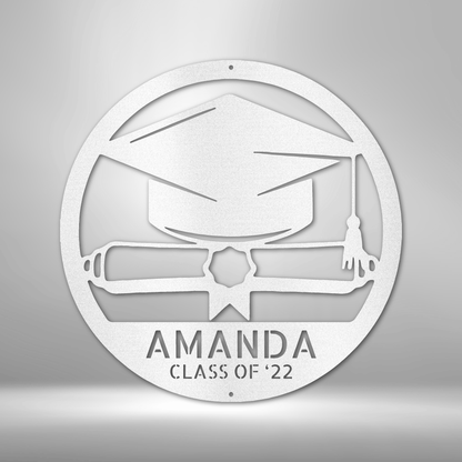 A Unique Metal Art Diploma Monogram Sign personalized with the name Amanda class of 25 for durable outdoor display.