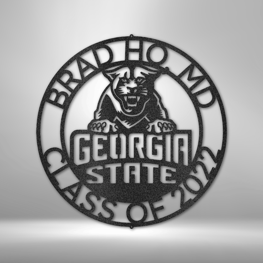 The personalized Georgia State Monogram 2 logo is a durable, custom handmade steel sign displayed on a brick wall.