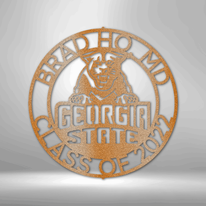 The personalized Georgia State Monogram 2 logo is a durable, custom handmade steel sign displayed on a brick wall.