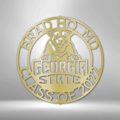 The personalized Georgia State Monogram 2 logo is a durable, custom handmade steel sign displayed on a brick wall.