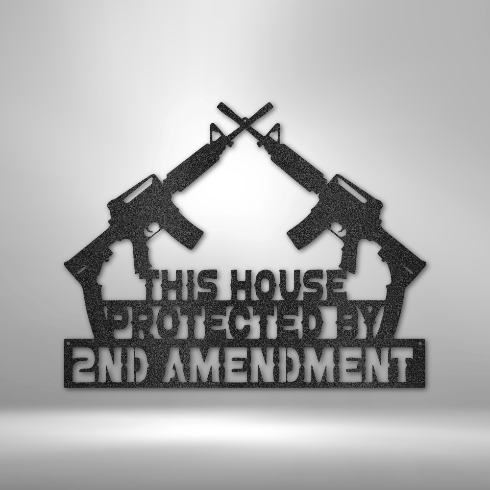 This house is protected by the "Protected by 2A - Steel Sign" durable outdoor metal sign.