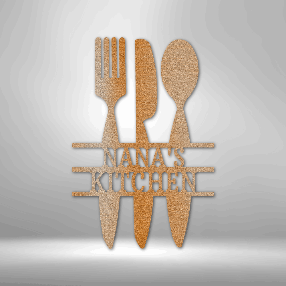 A unique, personalized Metal Wall Art Decor Monogram featuring custom handmade designs and a knife, fork, and spoon, hanging on a brick wall.