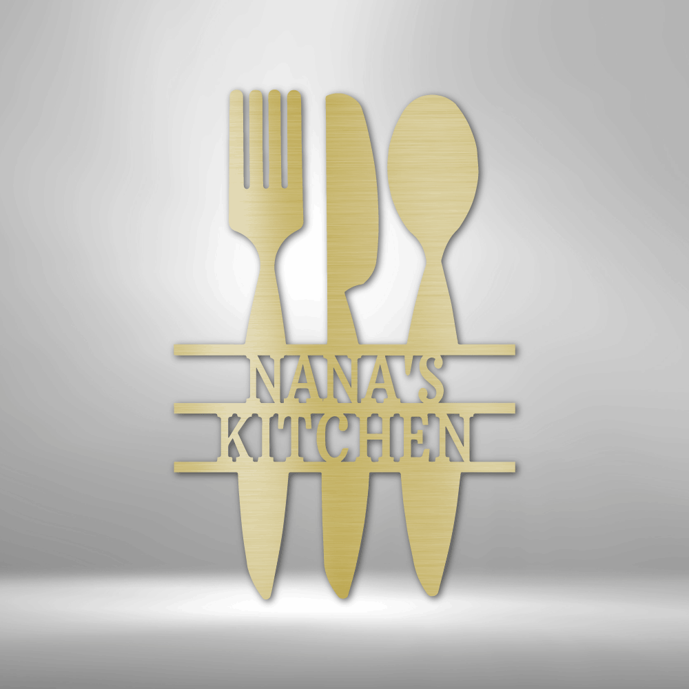 A unique, personalized Metal Wall Art Decor Monogram featuring custom handmade designs and a knife, fork, and spoon, hanging on a brick wall.