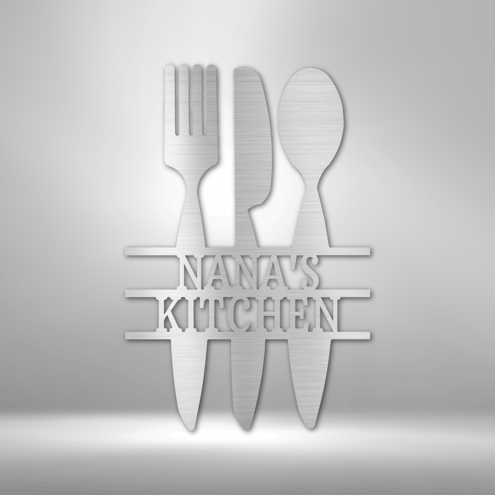 A unique, personalized Metal Wall Art Decor Monogram featuring custom handmade designs and a knife, fork, and spoon, hanging on a brick wall.