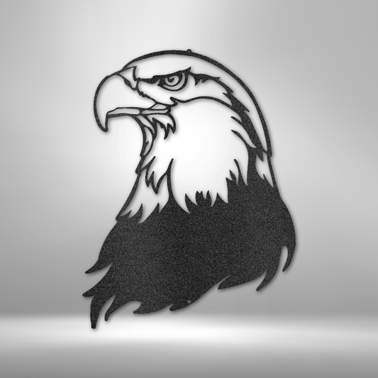 A Metal Wall Art Decor featuring a Bald Eagle Head - Steel Sign on a brick wall.