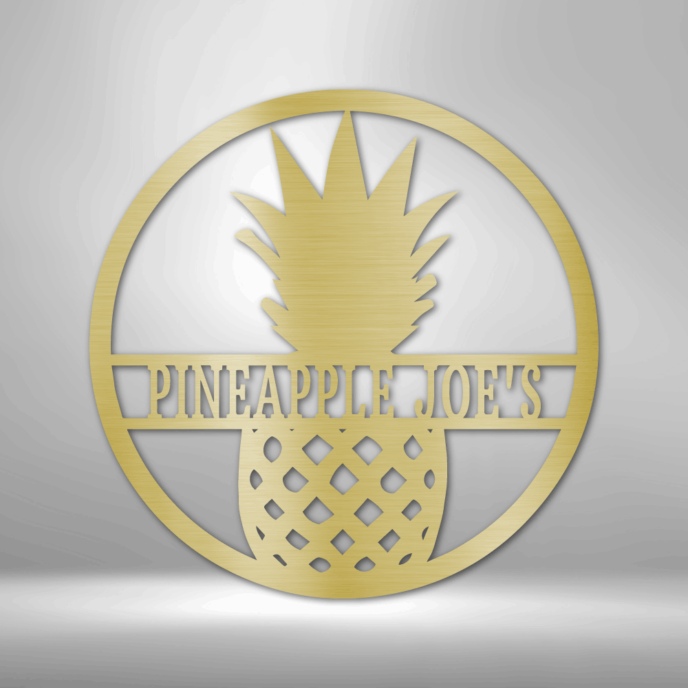 Joe's Pineapple Monogram - Custom Handmade Metal Sign on a durable brick wall.