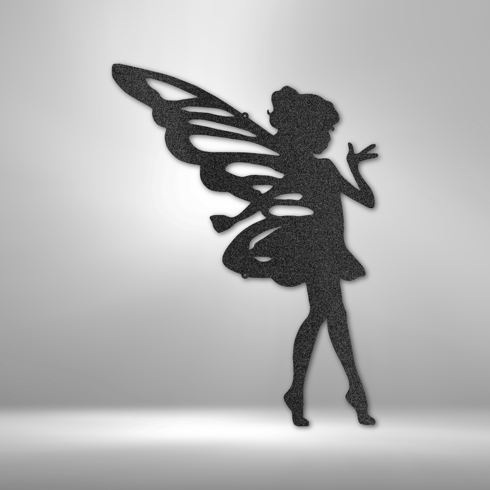 A Unique Metal Art Gift: A Sassy Pixie - Steel Sign silhouetted against a brick wall.