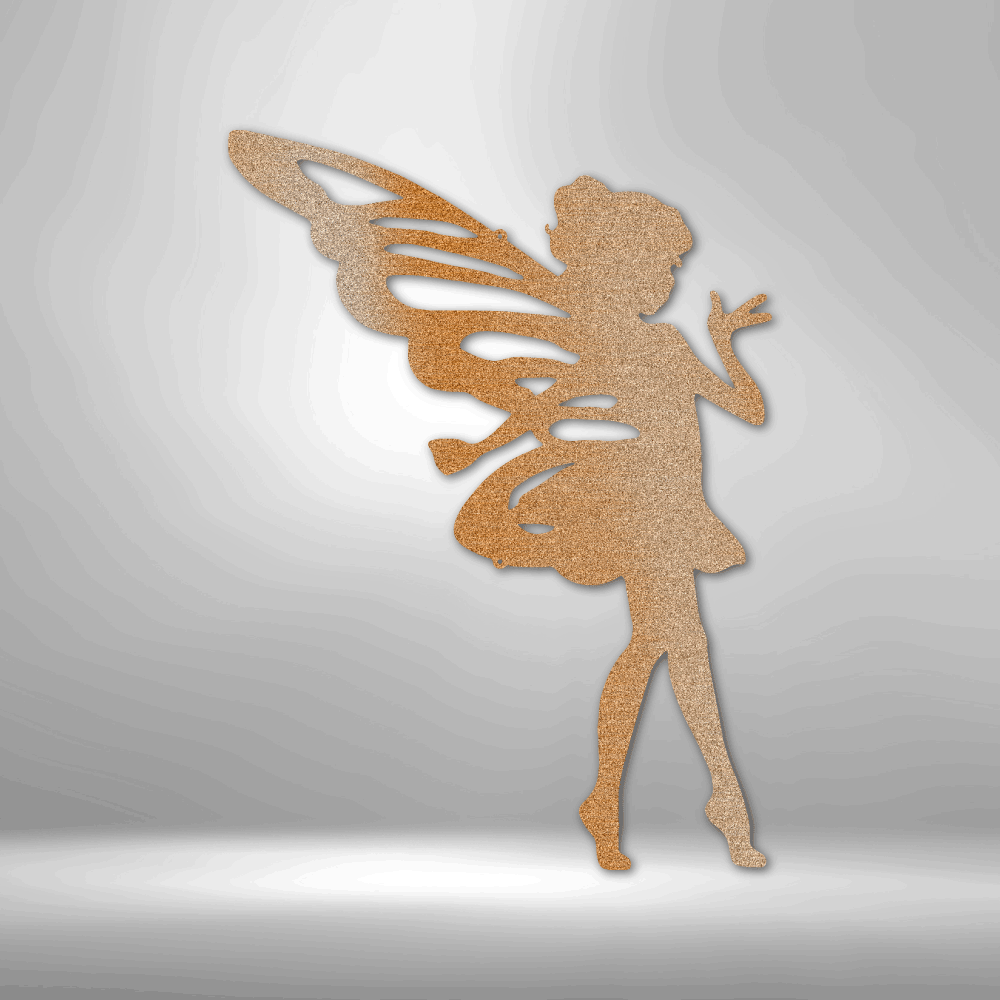 A Unique Metal Art Gift: A Sassy Pixie - Steel Sign silhouetted against a brick wall.