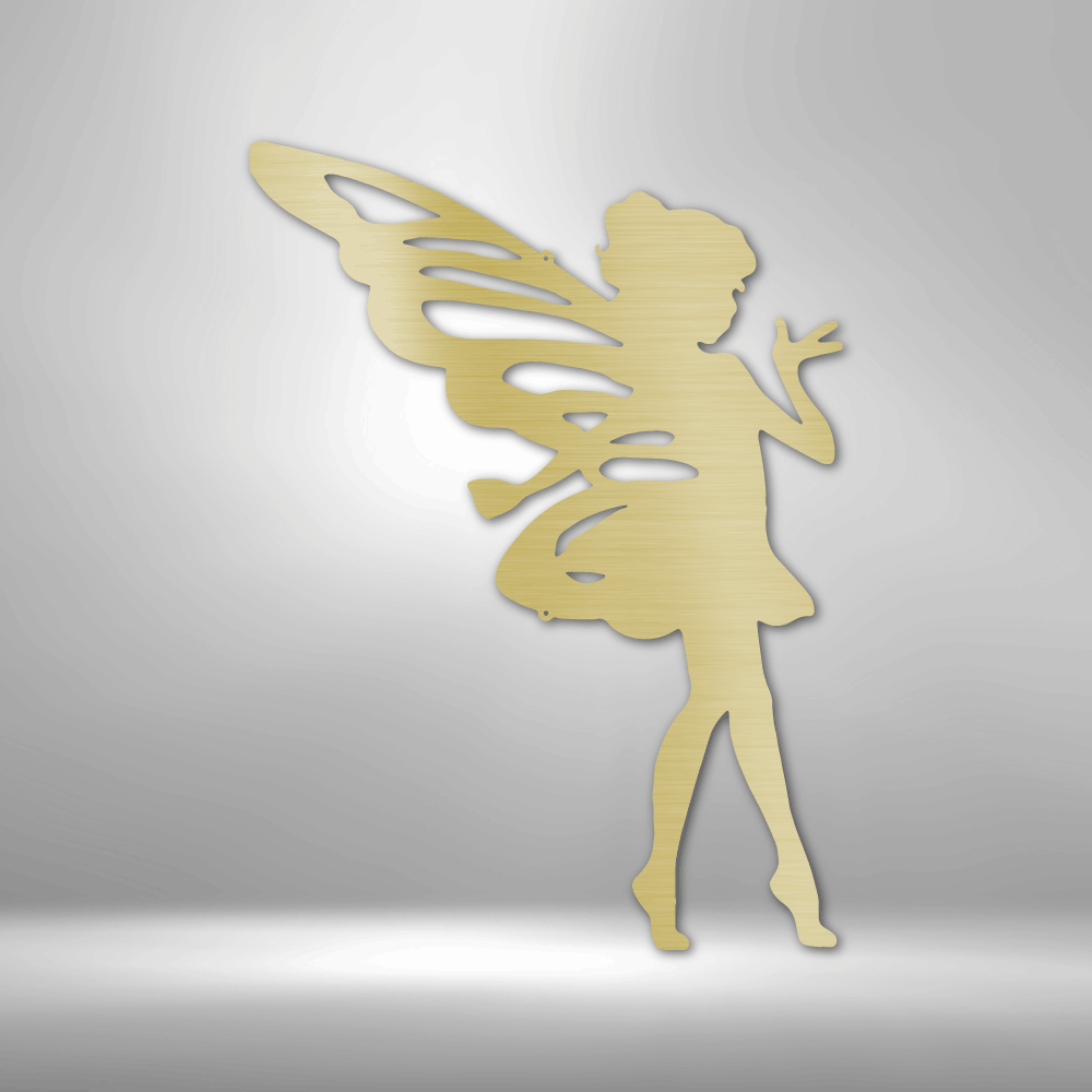 A Unique Metal Art Gift: A Sassy Pixie - Steel Sign silhouetted against a brick wall.