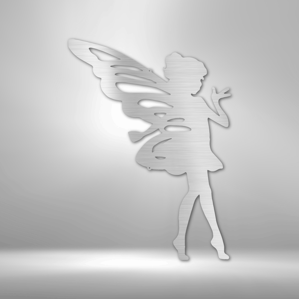 A Unique Metal Art Gift: A Sassy Pixie - Steel Sign silhouetted against a brick wall.