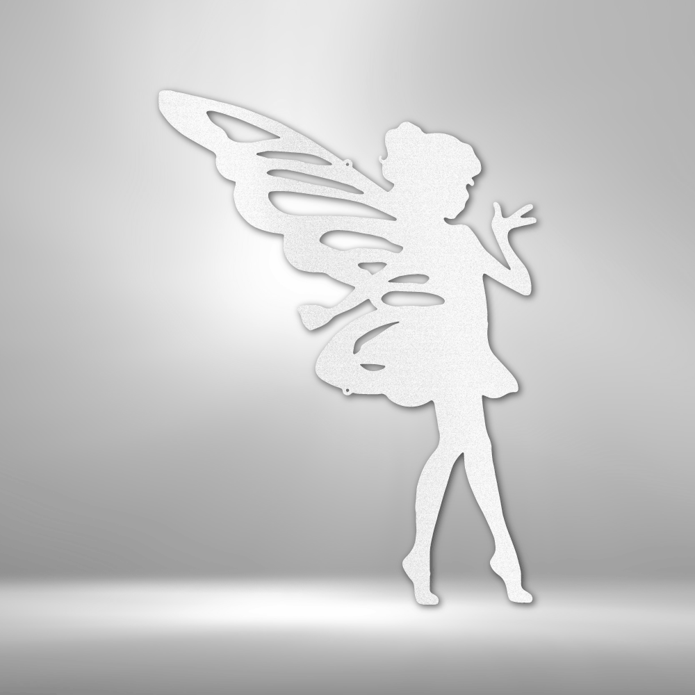 A Unique Metal Art Gift: A Sassy Pixie - Steel Sign silhouetted against a brick wall.