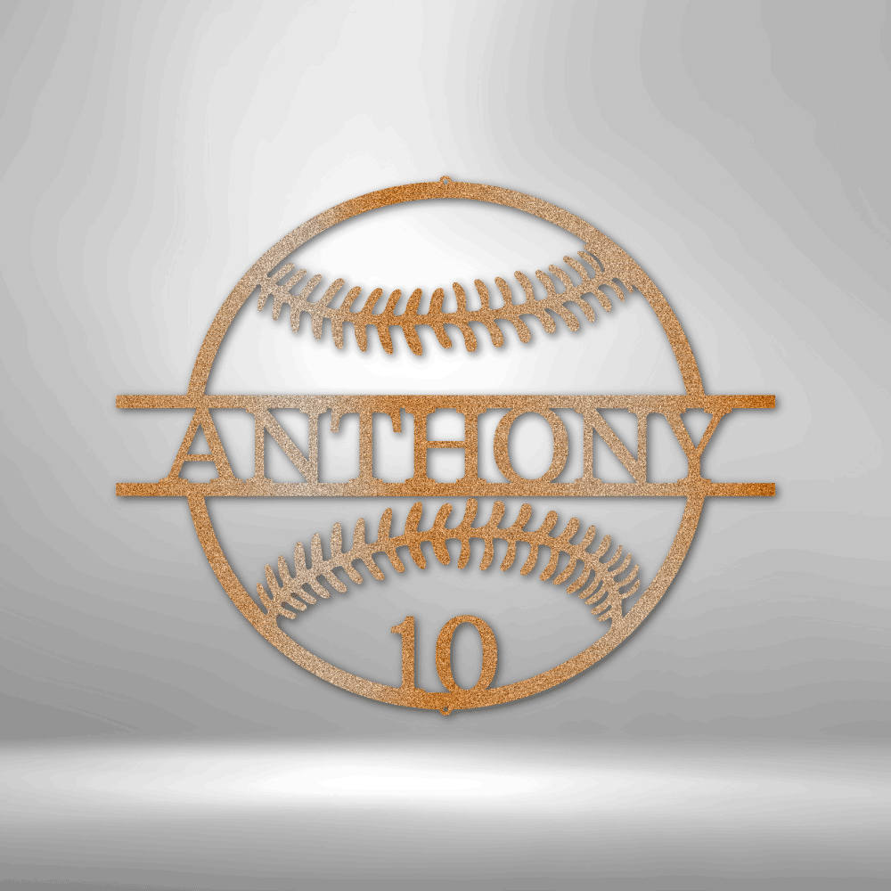 Personalized Metal Wall Art Decor - Unique Metal Art Gift with Personalized Name and Number Baseball motif.