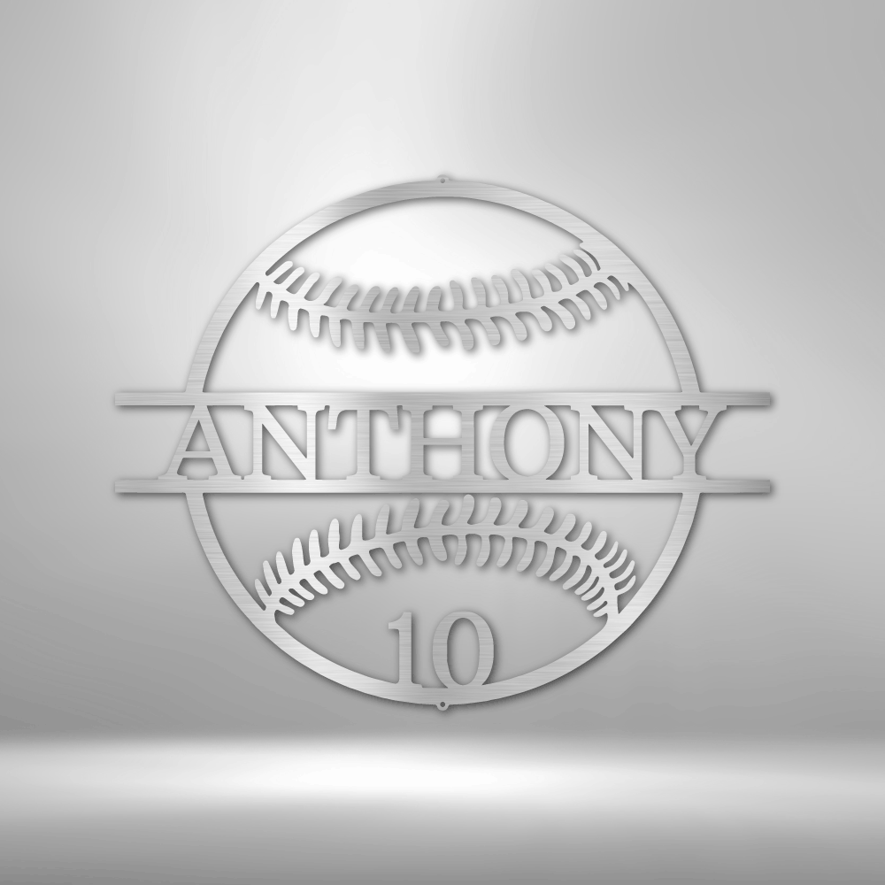 Personalized Metal Wall Art Decor - Unique Metal Art Gift with Personalized Name and Number Baseball motif.