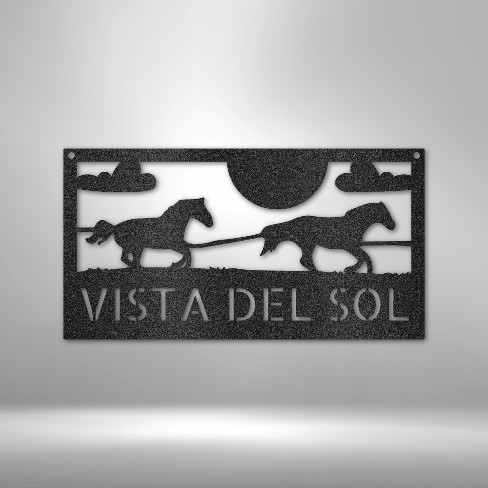 A Personalized Steel Monogram - Durable Outdoor Metal Sign featuring a Racing Horses design, displayed on a brick wall.