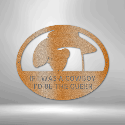 A custom-made, durable metal sign featuring the words "Custom Cowgirl" to showcase a personalized design.