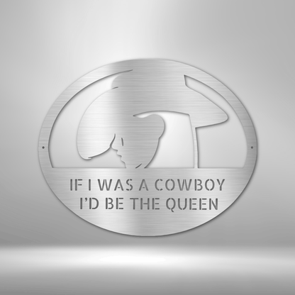 A custom-made, durable metal sign featuring the words "Custom Cowgirl" to showcase a personalized design.