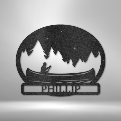 A unique snow globe featuring the Midnight Rowing Monogram, enhanced with a custom handmade metal wall art decor.