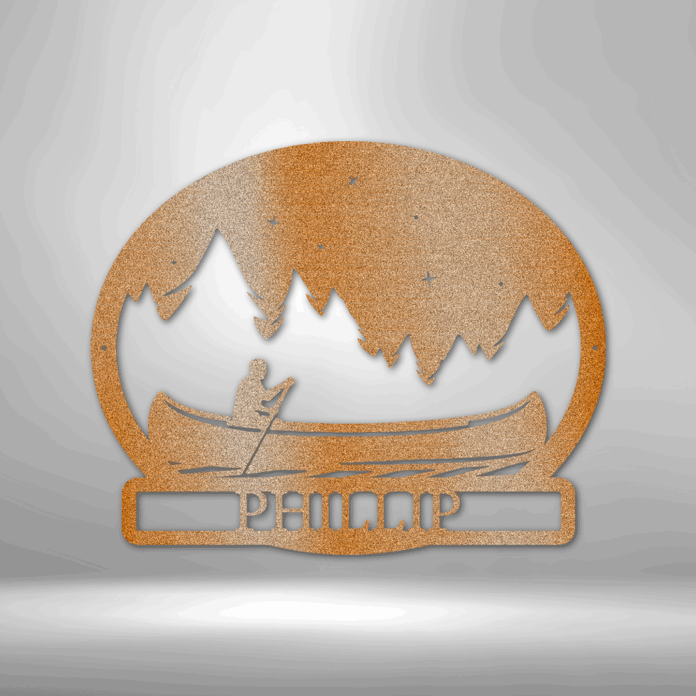 A unique snow globe featuring the Midnight Rowing Monogram, enhanced with a custom handmade metal wall art decor.