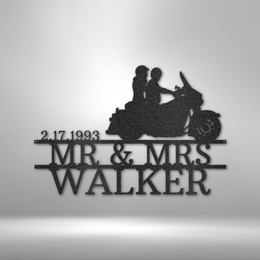 Mr&Mrs Anniversary/Wedding motorcycle couple personalized steel monogram garage sign.