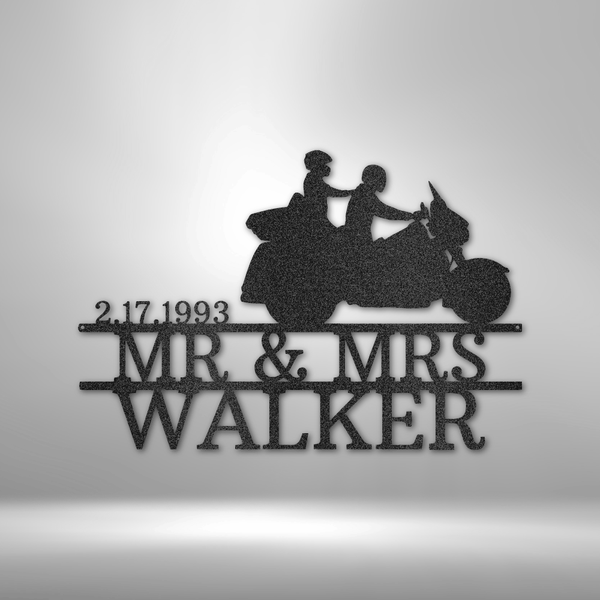 Mr and Mrs Anniversary/Wedding Motorcycle couple personalized steel monogram garage decor.