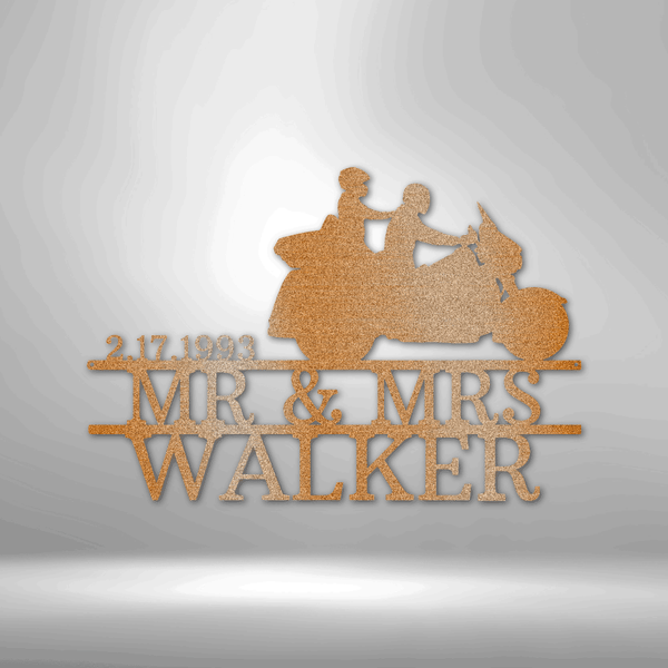 Mr and Mrs Anniversary/Wedding Motorcycle couple personalized steel monogram garage decor.