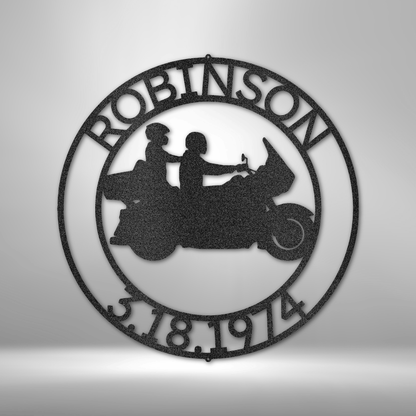 A Retro Garage Metal Wall Art featuring a Mr&Mrs Robinson motorcycle couple 11 sign.