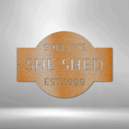 A PERSONALIZED Metal Wall Art Decor plaque that says she shed on a brick wall.